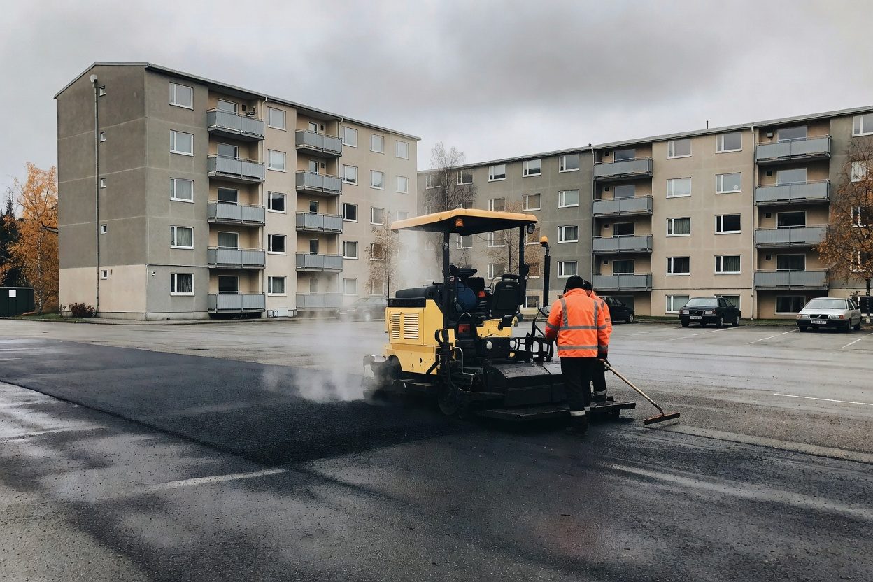 Ny asfalt legges på parkeringsplassen til et borettslag