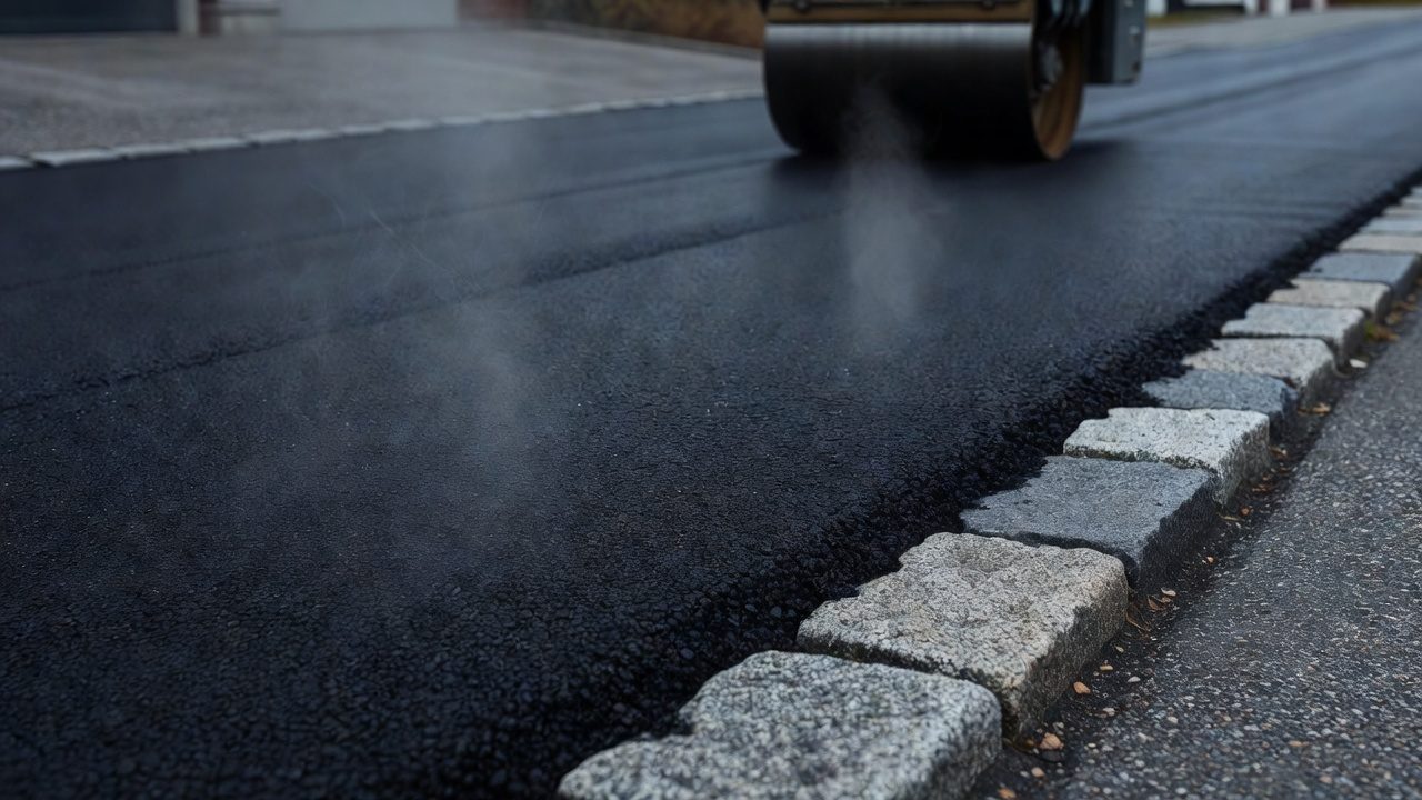 Nylagt asfalt med damp, kantstein og valse i bakgrunnen