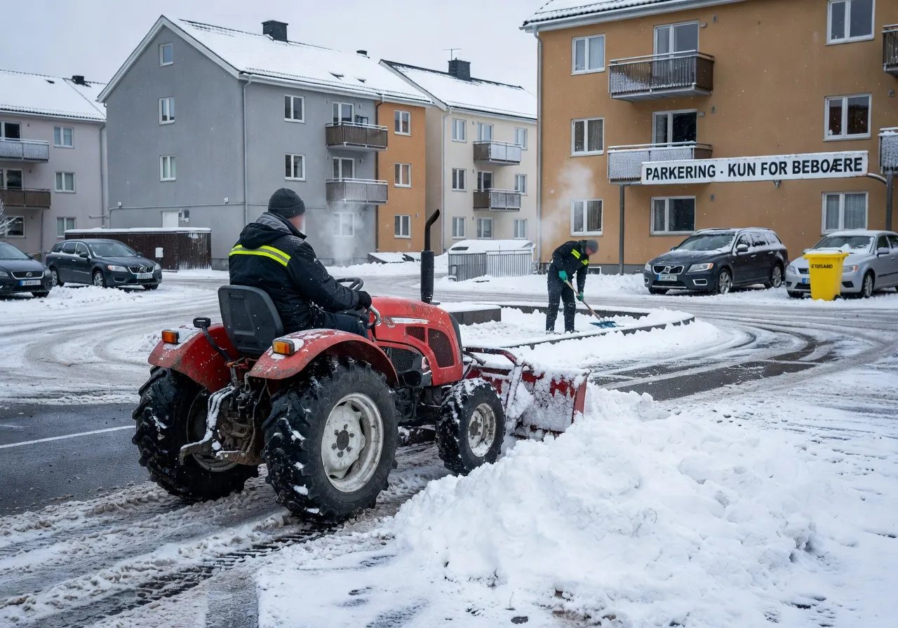 Snørydding av parkeringsplassen ved et boligkompleks