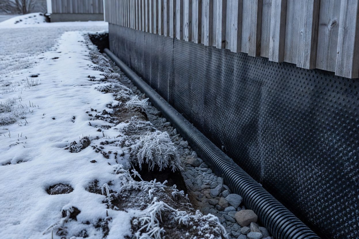 Ny drenering langs grunnmuren: drensrør i pukk, grunnmursplate og frossen bakke
